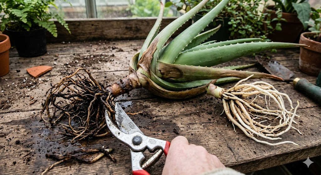 A flat-lay photograph showing an aloe vera plant removed from its pot. On one side are dark, mushy roots being trimmed by clean garden shears; on the other side, healthy, firm roots are visible. The scene is set on a rustic wooden gardening bench.