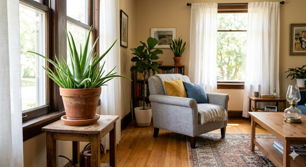 A wide shot of a sun-drenched living room. A healthy, vibrant green aloe vera sits in a terracotta pot on a wooden stand near a window with sheer curtains, showing the ideal "bright indirect light" setup.