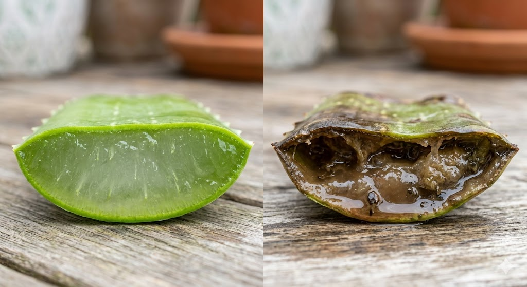 An informative infographic-style photo. One half shows a healthy aloe leaf cross-section (thick, clear gel); the other half shows a rotting leaf cross-section (brown, watery liquid). Text labels are minimal and clean.