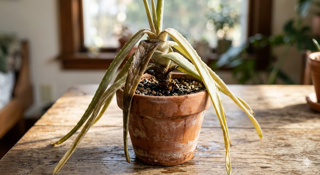 A close-up, high-resolution photo of a slightly wilted aloe vera plant in a terracotta pot on a sunlit wooden table, showing thin, pale leaves to illustrate a plant in need of recovery.