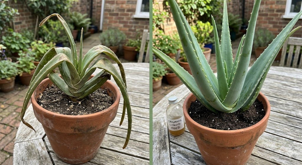 A split-screen comparison: on the left, a stressed aloe with curled leaves; on the right, the same plant four weeks later with plump, upright leaves after using a gentle organic liquid feed.