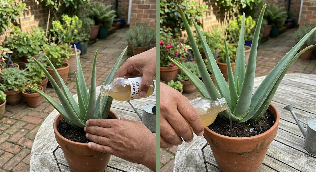 A hands-on shot of a person pouring a pale, diluted amber-colored liquid "banana tea" fertilizer into the base of an aloe vera plant, avoiding the leaves.