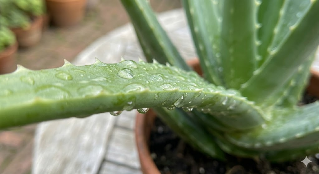 A macro photography shot showing water droplets on the thick, serrated edge of a healthy aloe vera leaf, highlighting the "teeth" and vibrant green texture.