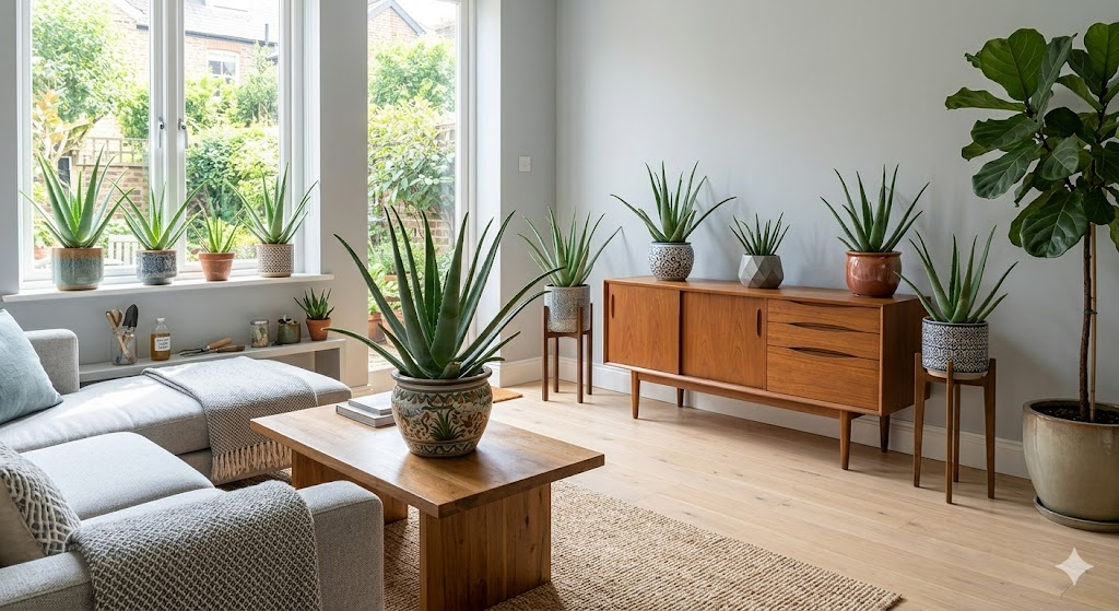 A beautiful, wide-angle shot of a bright, modern living room featuring several thriving aloe vera plants of different sizes in decorative ceramic pots, symbolizing successful recovery.