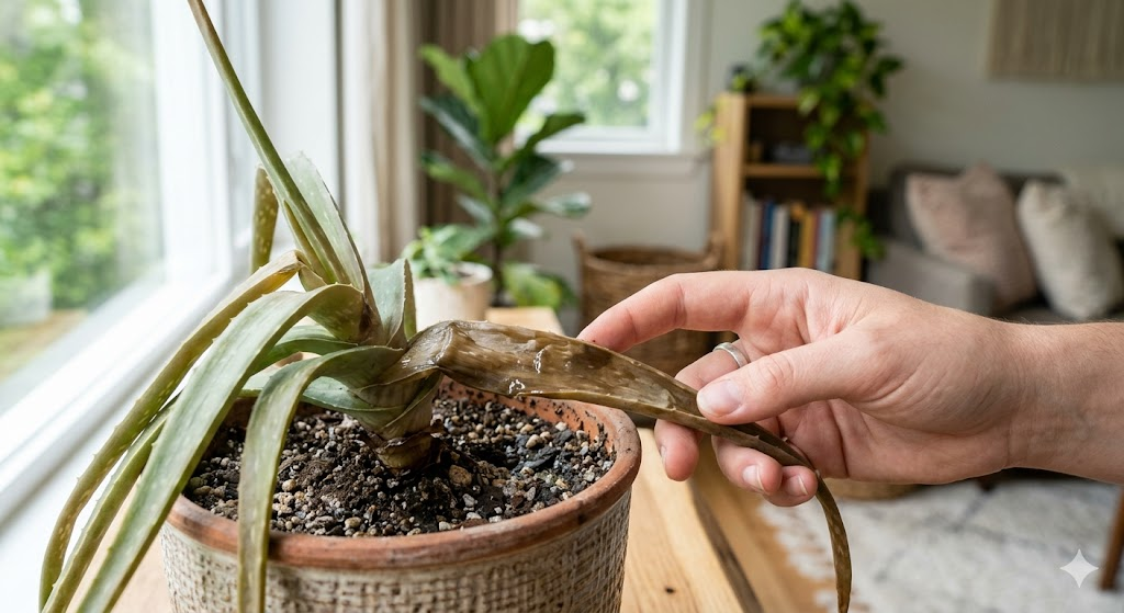 A high-resolution, close-up photo of a person’s hand gently touching a drooping aloe vera leaf that is translucent, brown, and soft at the base. The background is a bright, modern living room with natural light.