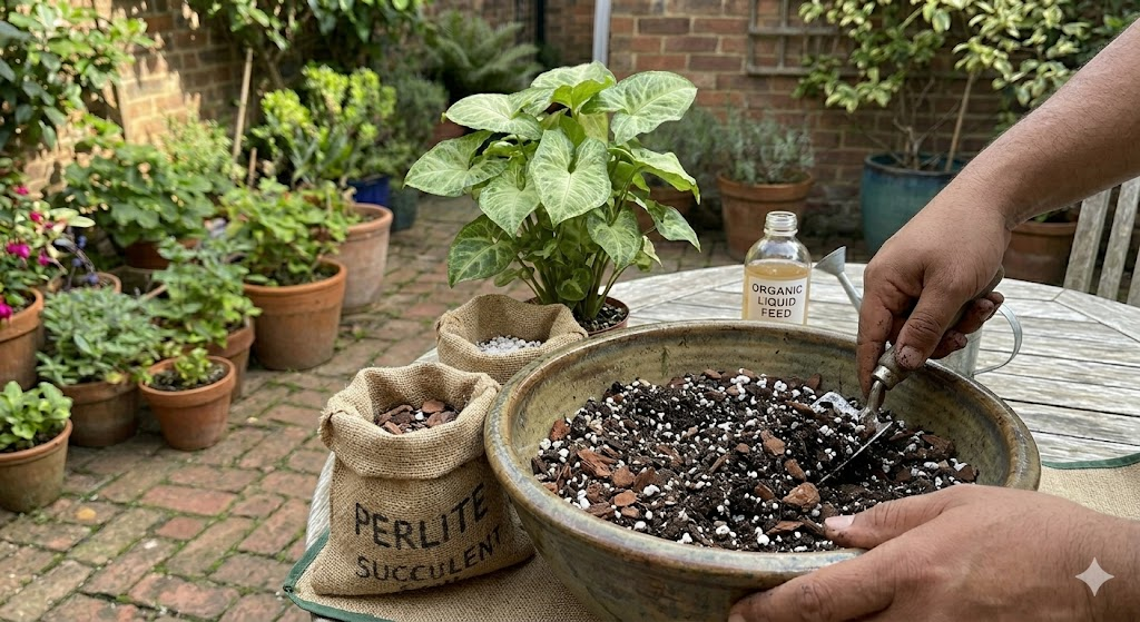 An infographic-style photo showing a terra cotta pot, a bag of perlite, and a bag of succulent soil, with a hand mixing them together on a gardening mat.