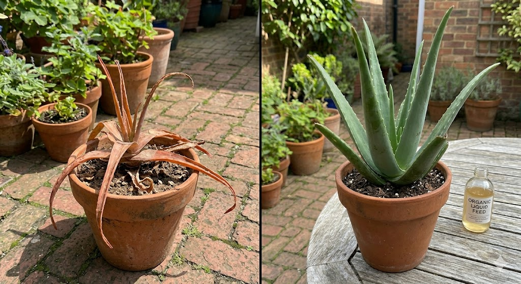 A split-screen comparison photo: on the left, an aloe with sunburned orange leaves; on the right, a healthy, vibrant green aloe with upright, thick leaves.