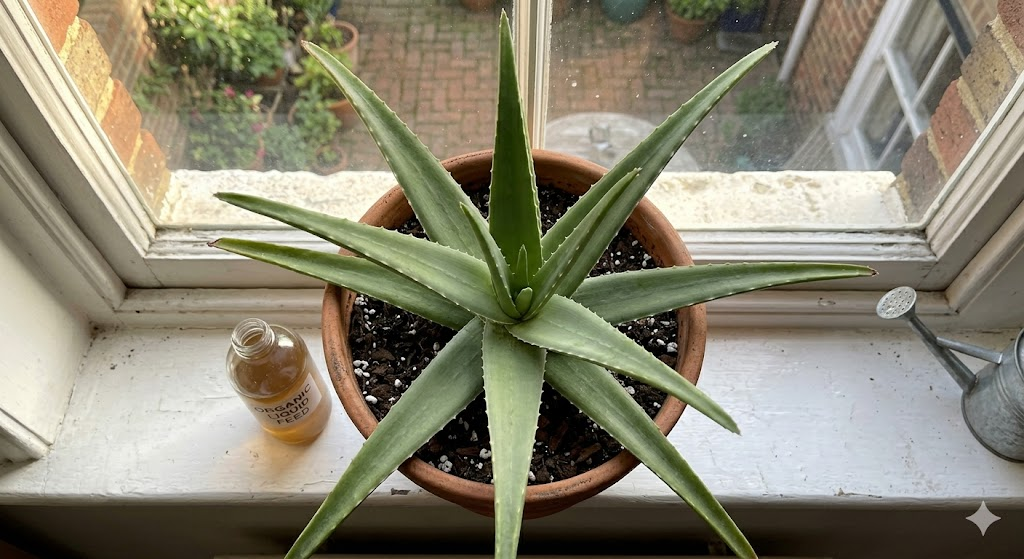 A top-down view of a healthy aloe vera plant in a terra cotta pot, showing the "star" pattern of upright leaves, sitting on a bright windowsill with soft morning light.