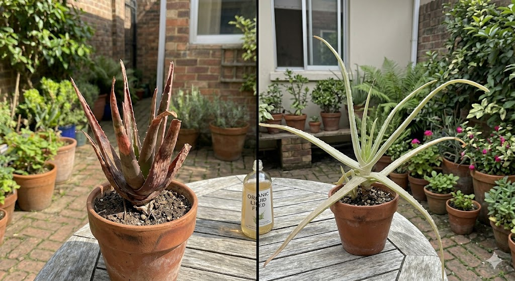 A split-screen comparison photo. On the left, a "sunburned" aloe vera with reddish-brown leaves. On the right, an "etiolated" aloe vera with long, thin, pale green leaves stretching toward a distant light. Clear, educational style.