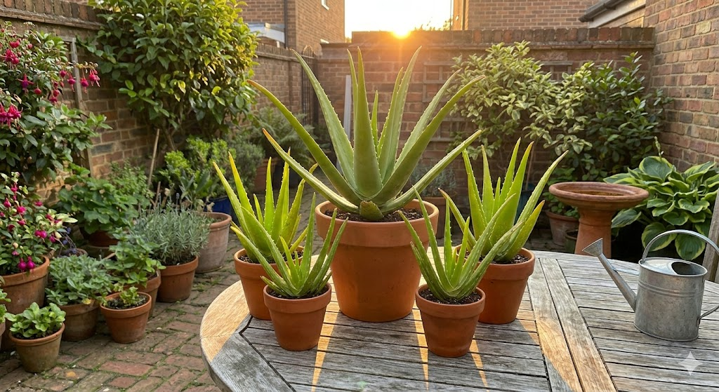 A beautiful outdoor patio setting with several Aloe Vera plants in terracotta pots. The sun is setting, casting a warm, golden glow (Golden Hour) on the plants, showing a perfect balance of light and shadow.