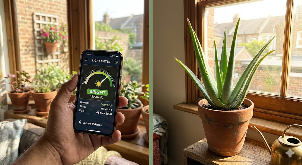A person's hand holding a smartphone with a light meter app open, pointing the camera toward a sunny window next to a healthy Aloe Vera plant. The screen shows a "Bright" reading.