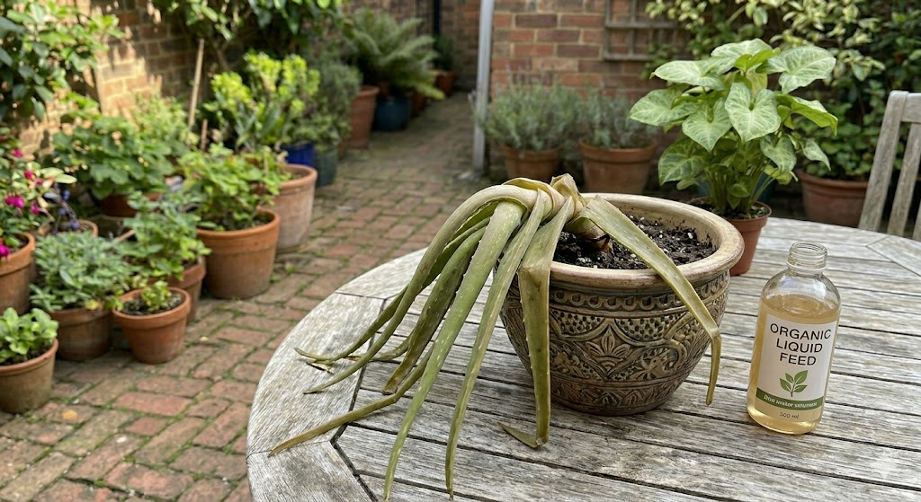 A high-resolution, close-up photo of a slumped aloe vera plant in a decorative ceramic pot on a wooden table, showing heavy, water-logged leaves leaning over the edge with a blurred living room background.